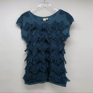Anthropologie Yellow Bird Blue Fringe Sweater Size Medium